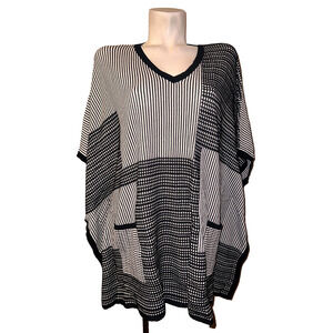 CHICO'S Sweater S/M Black White Knit Striped Pullover Tabard Patchwork Poncho